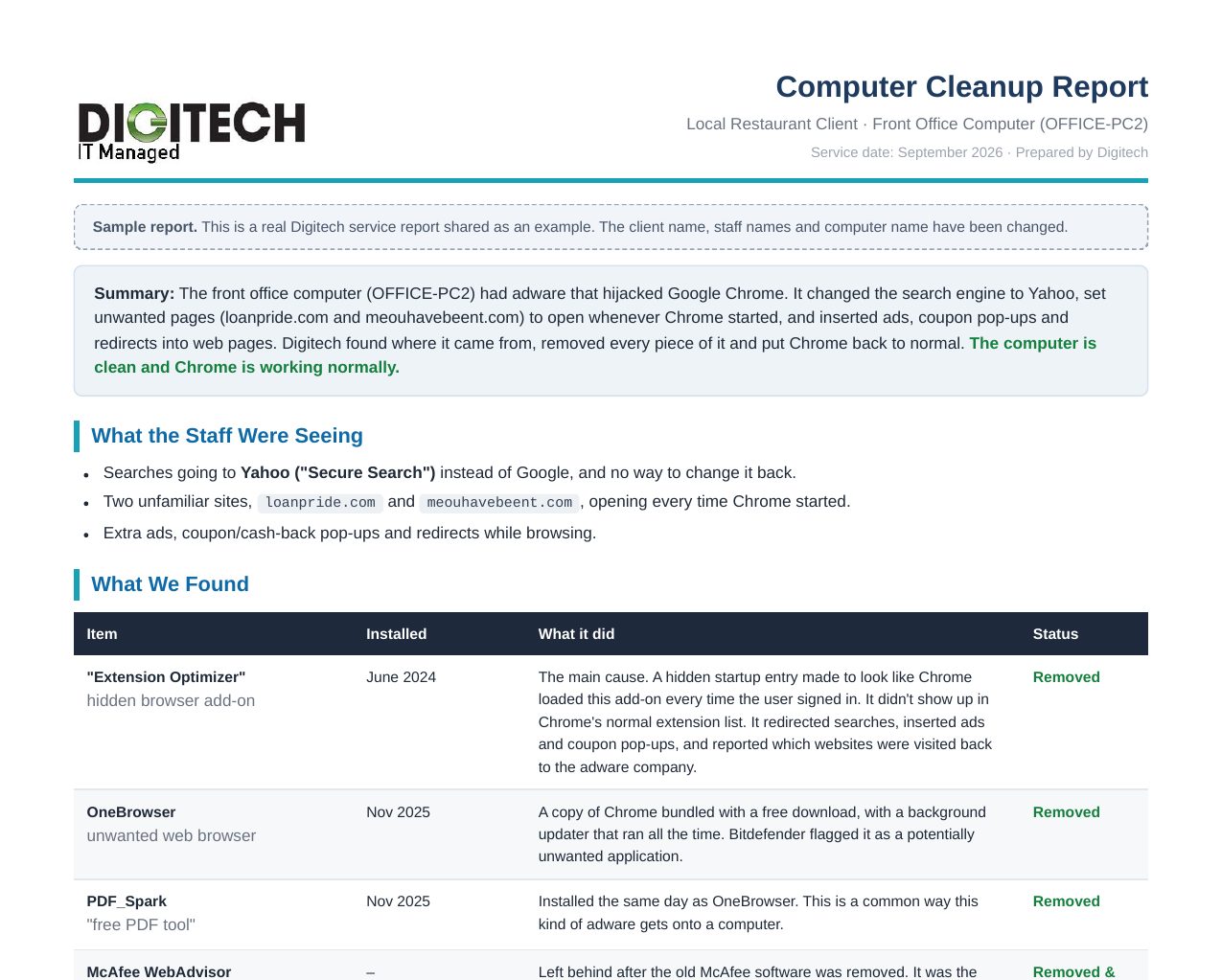 First page of a Digitech computer cleanup report, showing a summary, what the user was seeing, and a table of what was found and removed.